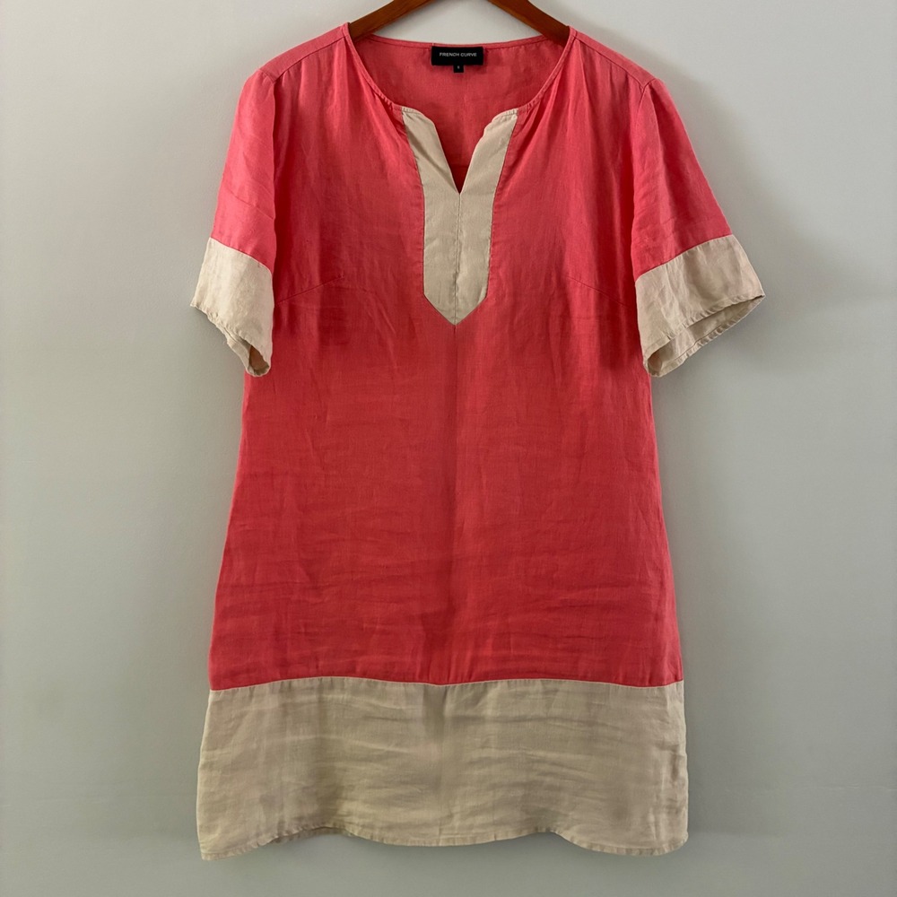 French Curve Dress S Linen Colorblock Tunic Shift Coastal Casual Luxury Vacation